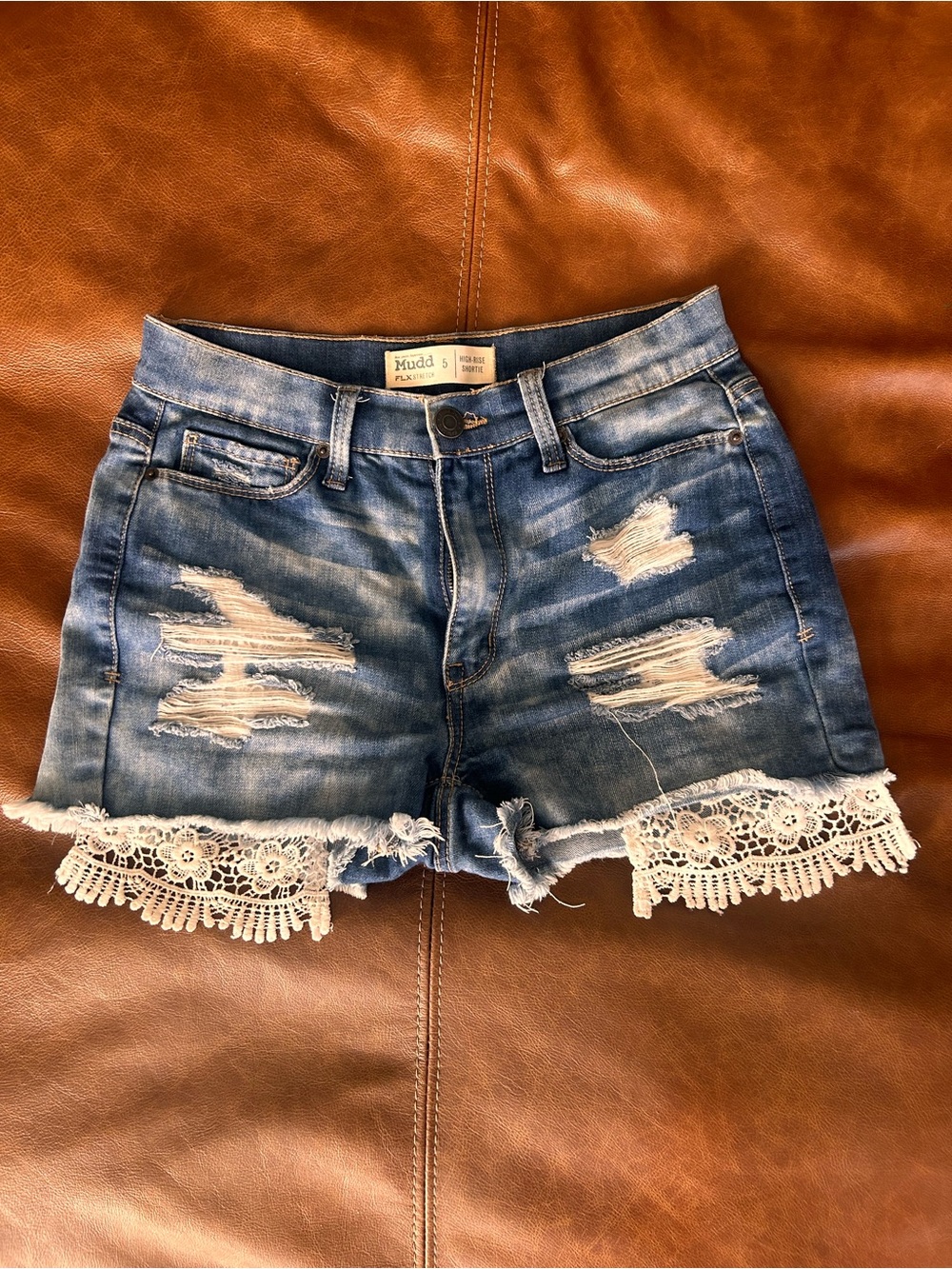 Mudd Blue Distressed Denim Shorts with Lace Trim